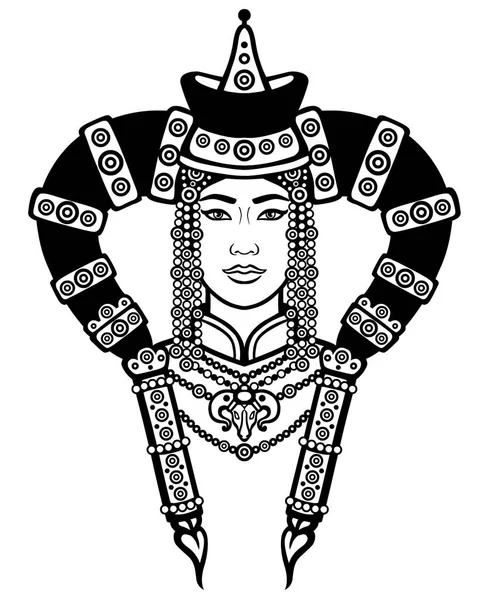 Retrato de la joven mongola en un tocado nacional. Ilustración vectorial aislada sobre fondo blanco. Imprimir, carteles, camiseta, textiles . — Vector de stock