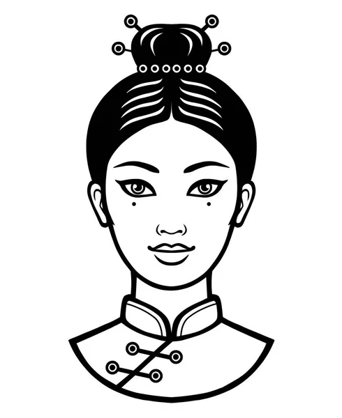 Retrato de la joven china con un peinado antiguo. Ilustración vectorial monocromática aislada sobre fondo blanco . — Vector de stock