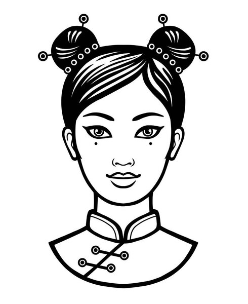 Портрет молодой китайской девушки с древней прической. Монохромная векторная иллюстрация на белом фоне
.