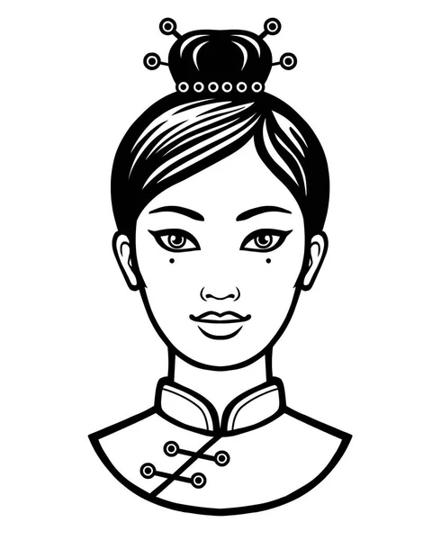 Portrait de la jeune fille chinoise avec une ancienne coiffure. Illustration vectorielle monochrome isolée sur fond blanc . — Image vectorielle