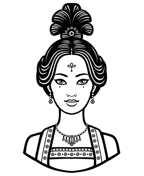 Portrait of the young Chinese girl with an ancient hairstyle. Monochrome vector illustration isolated on a white background. — Stock Vector
