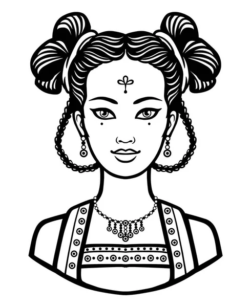 Portret młody Chiński Dziewczyna z dawnych fryzurę. Ilustracja wektora monochromatyczne na białym tle. — Wektor stockowy