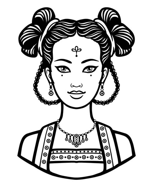 Портрет молодой китайской девушки с древней прической. Монохромная векторная иллюстрация на белом фоне
.