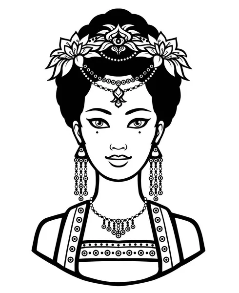 Retrato de la joven china con un peinado antiguo. Ilustración vectorial monocromática aislada sobre fondo blanco . — Vector de stock