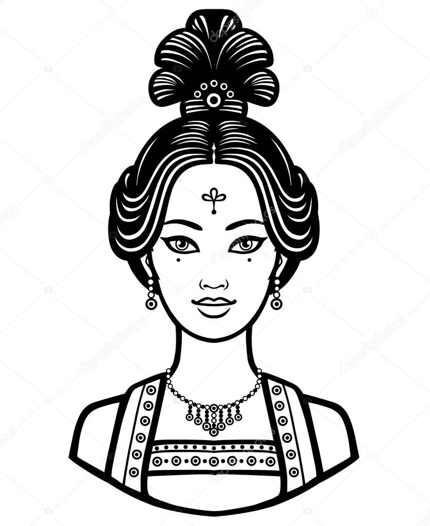 Portrait of the young Chinese girl with an ancient hairstyle. Monochrome vector illustration isolated on a white background.