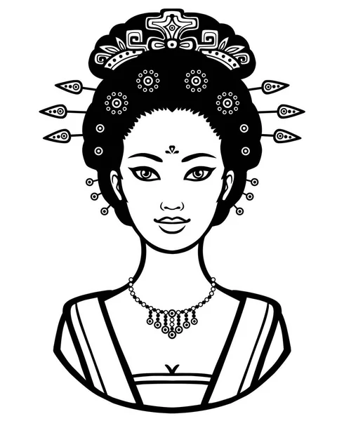 Retrato de la joven china con un peinado antiguo. Ilustración vectorial monocromática aislada sobre fondo blanco . — Vector de stock