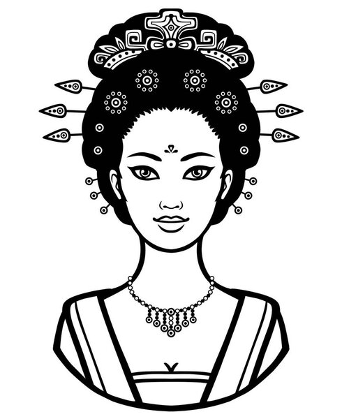 Портрет молодой китайской девушки с древней прической. Монохромная векторная иллюстрация на белом фоне
.