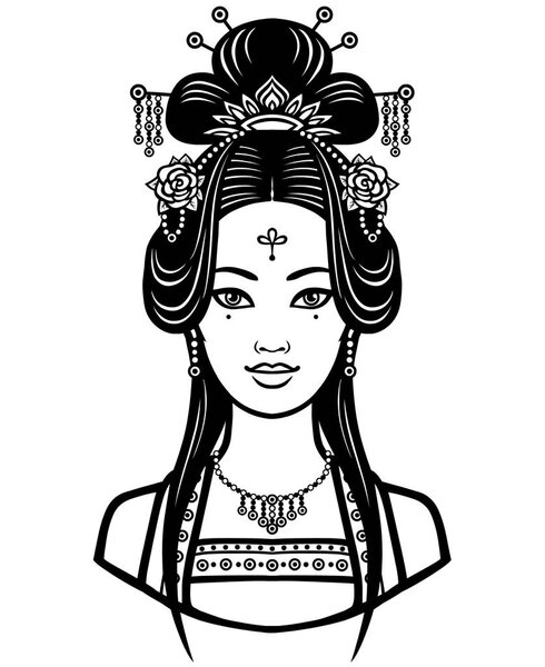 Портрет молодой китайской девушки с древней прической. Монохромная векторная иллюстрация на белом фоне
.