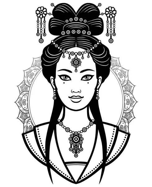 Retrato de la joven china con un peinado antiguo. Ilustración vectorial monocromática aislada sobre fondo blanco . — Archivo Imágenes Vectoriales