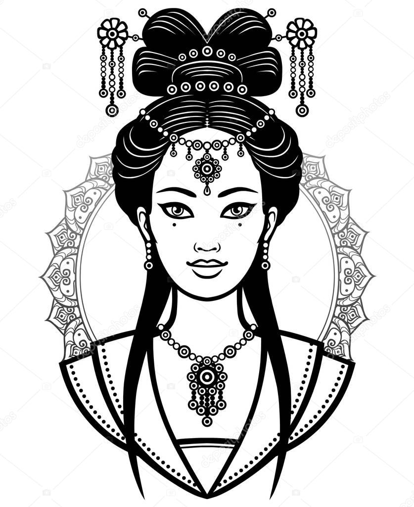 Portrait of the young Chinese girl with an ancient hairstyle. Monochrome vector illustration isolated on a white background.