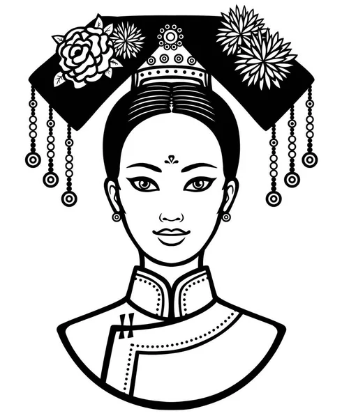 Retrato da jovem menina chinesa com um penteado antigo. Ilustração vetorial monocromática isolada sobre um fundo branco. Impressão, cartaz, t-shirt, cartão. Ser usado para colorir livro . — Vetor de Stock