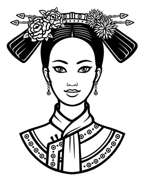 Retrato da jovem menina chinesa com um penteado antigo. Ilustração vetorial monocromática isolada sobre um fundo branco. Impressão, cartaz, t-shirt, cartão. Ser usado para colorir livro . — Vetor de Stock
