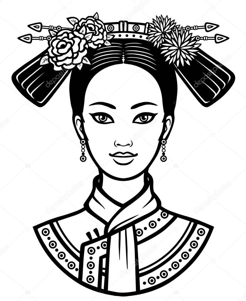 Portrait of the young Chinese girl with an ancient hairstyle. Monochrome vector illustration isolated on a white background. Print, poster, t-shirt, card.  Be used for coloring book.