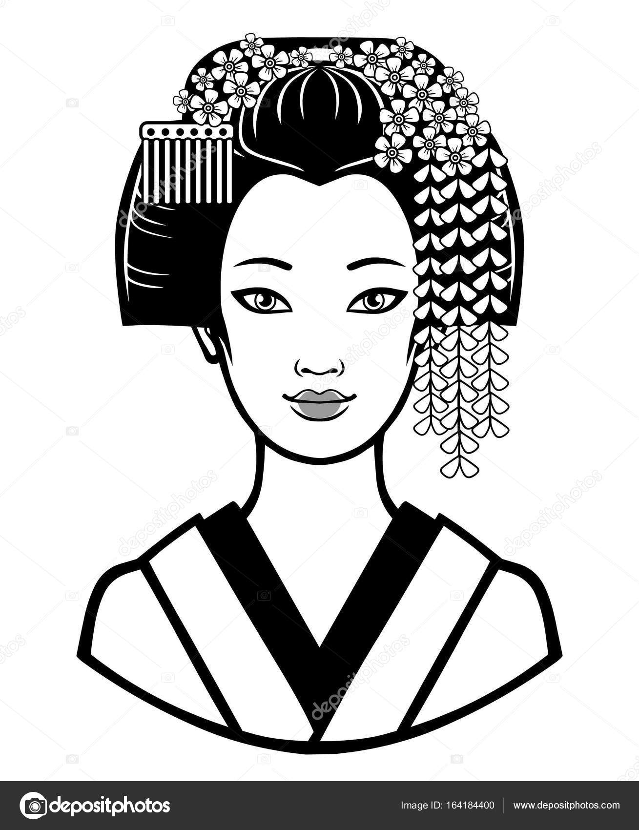 Portrait de la jeune fille japonaise avec une coiffure ancienne. Illustration de vecteur monochrome isolé