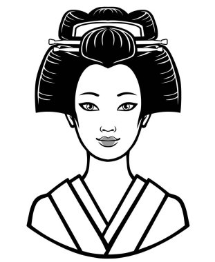 Eski bir saç modeli ile genç Japon kız portresi. Tek renkli vektör illüstrasyon izole beyaz bir arka plan üzerinde. Baskı, poster, tişört, kart. Kitap boyama için kullanılan.