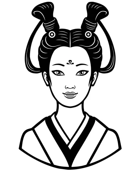 古代ヘアスタイルで若い日本人の女の子の肖像画。モノクロ ベクトル イラスト白背景に分離します。印刷、ポスター、t シャツ、カード。本を着色に使用されます。. — ストックベクタ