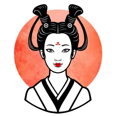 Genç Japon kız eski bir saç modeli gerçekçi portresi. Geyşa, maiko, Prenses. Arka plan - kırmızı sulu boya Paz. Baskı, poster, tişört, kart. Vektör çizim üzerinde beyaz izole.