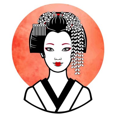 Genç Japon kız eski bir saç modeli gerçekçi portresi. Geyşa, maiko, Prenses. Arka plan - kırmızı sulu boya Paz. Baskı, poster, tişört, kart. Vektör çizim üzerinde beyaz izole.