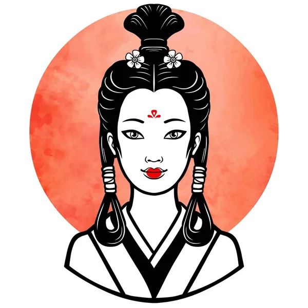 Potret realistis gadis muda Jepang gaya rambut kuno. Geisha, Maiko, putri. Latar Belakang Matahari berwarna merah. Cetak, poster, t-shirt, kartu. Ilustrasi vektor diisolasi pada warna putih . - Stok Vektor