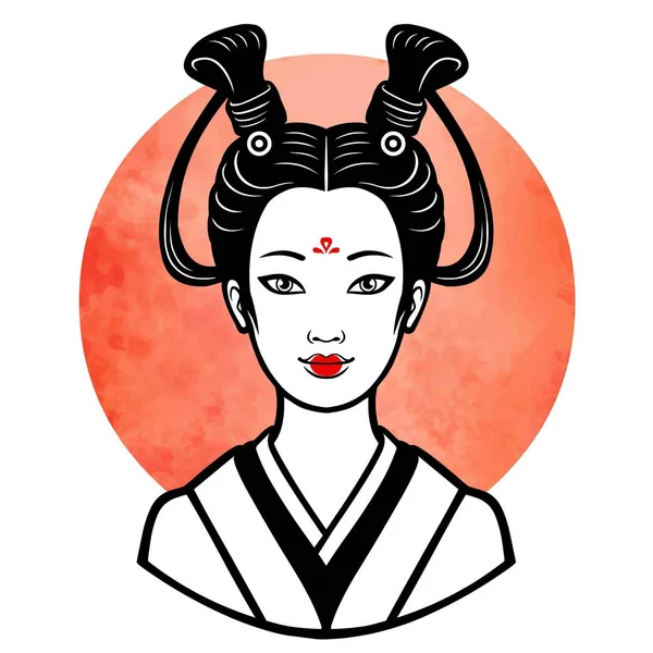 古代の髪型若い日本人の女の子のリアルな肖像画。芸者、舞妓、姫。背景 - 赤い水彩太陽。印刷、ポスター、t シャツ、カード。白で隔離のベクトル図. — ストックベクタ