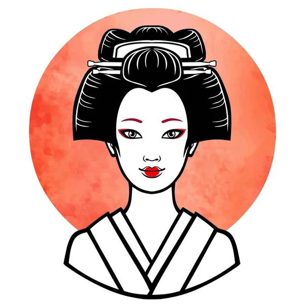 Ritratto realistico della giovane ragazza giapponese un'acconciatura antica. Geisha, maiko, principessa. Sfondo - il sole di acquerello rosso. Stampa, poster, maglietta, biglietto da visita. Illustrazione vettoriale isolata su bianco . — Vettoriale Stock