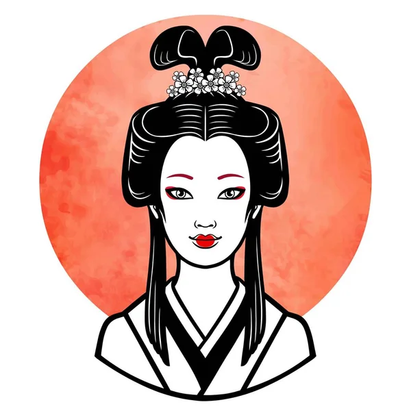 Genç Japon kız eski bir saç modeli gerçekçi portresi. Geyşa, maiko, Prenses. Arka plan - kırmızı sulu boya Paz. Baskı, poster, tişört, kart. Vektör çizim üzerinde beyaz izole. — Stok Vektör
