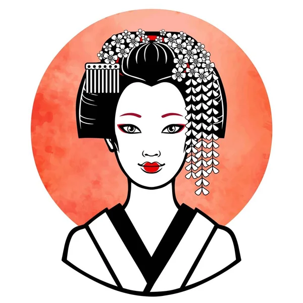 Potret realistis gadis muda Jepang gaya rambut kuno. Geisha, Maiko, putri. Latar Belakang Matahari berwarna merah. Cetak, poster, t-shirt, kartu. Ilustrasi vektor diisolasi pada warna putih . - Stok Vektor
