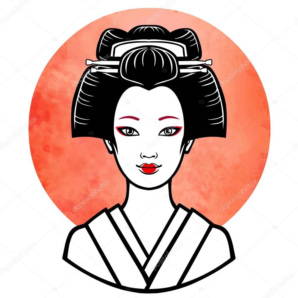 Realistic portrait of the young Japanese girl  an ancient hairstyle. Geisha, maiko, princess. Background - the red watercolor sun. Print, poster, t-shirt, card. Vector illustration isolated on white.