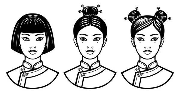Set of realistic portraits of the young Chinese girls with different hairstyles.  Monochrome vector illustration isolated on a white background. Print, poster, t-shirt, card. Stock Illustration