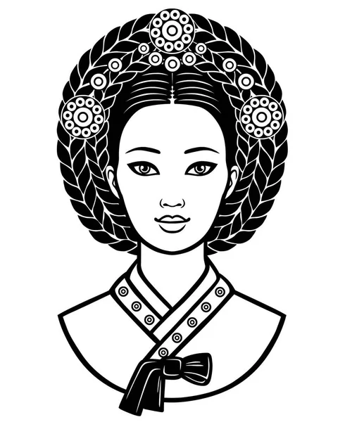 Retrato da jovem coreana com um penteado antigo. Ilustração vetorial monocromática isolada sobre um fundo branco. Impressão, cartaz, t-shirt, cartão . — Vetor de Stock