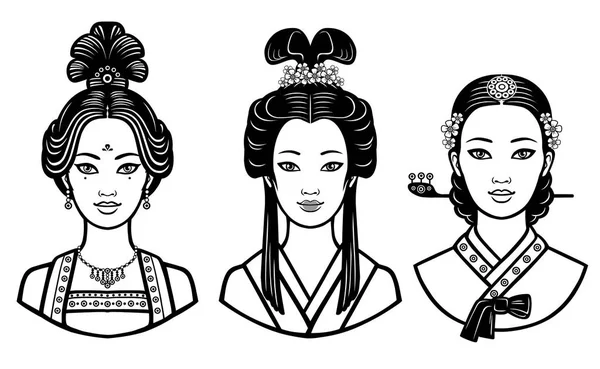 Conjunto de retratos realistas de las jóvenes asiáticas con diferentes peinados. China, Japón, Corea. Ilustración vectorial monocromática aislada sobre fondo blanco. Imprimir, póster, camiseta, tarjeta . — Archivo Imágenes Vectoriales