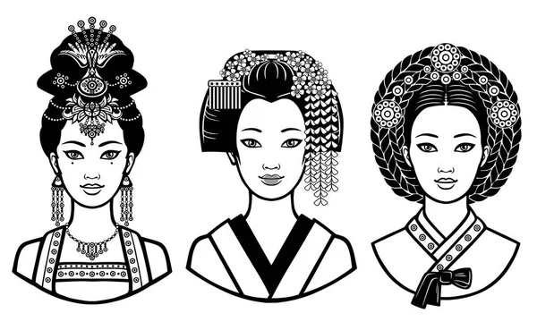 Conjunto de retratos realistas das jovens meninas asiáticas com penteados diferentes. China, Japão, Coreia. Ilustração vetorial monocromática isolada sobre um fundo branco. Impressão, cartaz, t-shirt, cartão . —  Vetores de Stock
