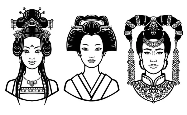 Conjunto de retratos realistas de las jóvenes asiáticas con diferentes peinados. China, Japón, Mongolia. Ilustración vectorial monocromática aislada sobre fondo blanco. Imprimir, póster, camiseta, tarjeta . — Archivo Imágenes Vectoriales