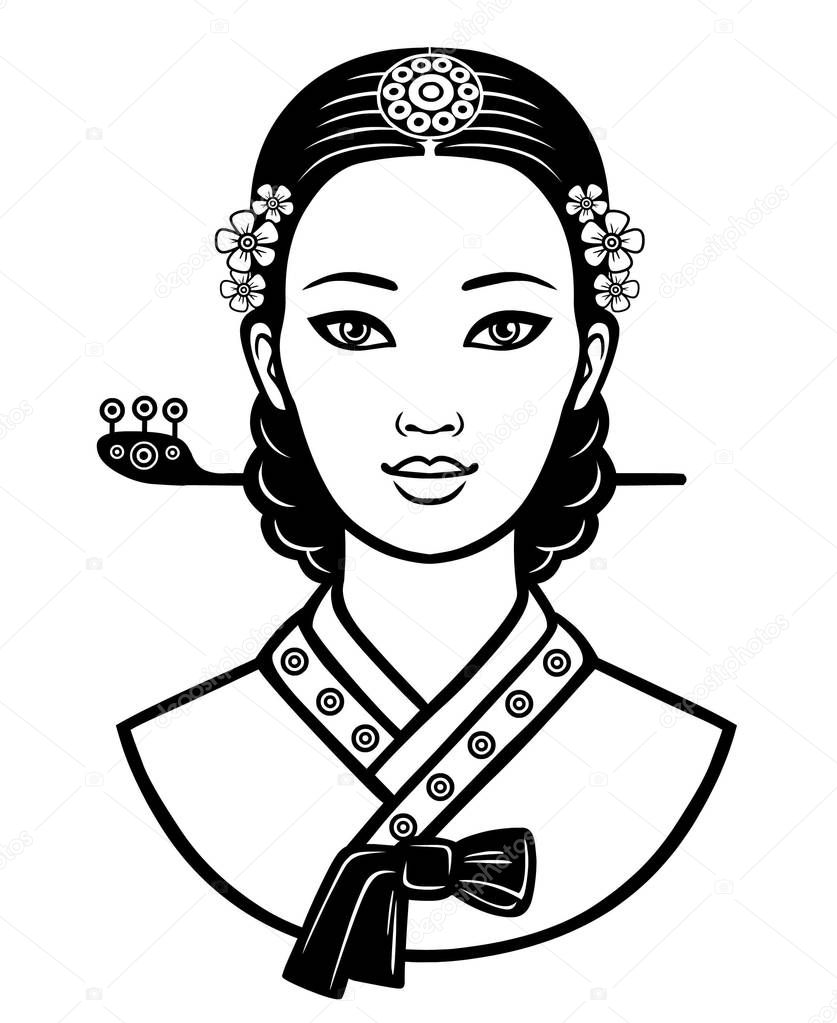 Portrait of the young Korean girl with an ancient hairstyle. Monochrome vector illustration isolated on a white background. Print, poster, t-shirt, card. 