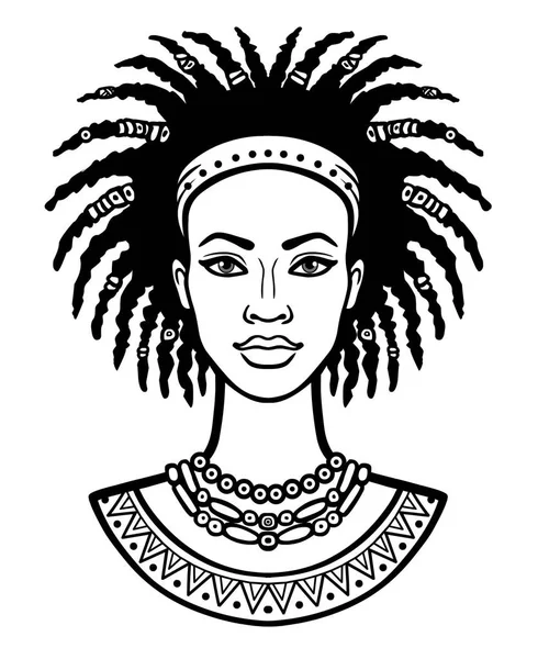 Retrato de animação da jovem africana. Desenho linear monocromático. Ilustração vetorial isolada sobre fundo branco — Vetor de Stock