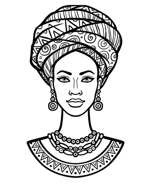 Potret animasi wanita muda Afrika dalam sorban. Gambar linear monokrom. Ilustrasi vektor diisolasi pada latar belakang putih. Cetak, poster, t-shirt, kartu . - Stok Vektor