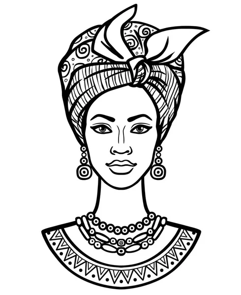 Animation portrait of the young African woman in a turban. Monochrome linear drawing. Vector illustration isolated on a white background. Print, poster, t-shirt, card. — Stock Vector