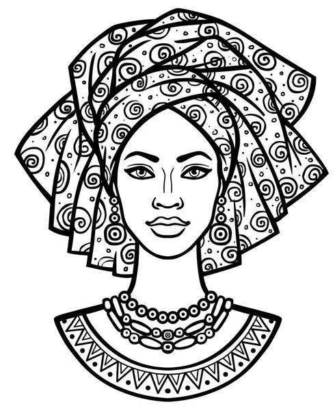 Retrato de animación de la joven africana con turbante. Dibujo lineal monocromático. Ilustración vectorial aislada sobre fondo blanco. Imprimir, póster, camiseta, tarjeta . — Archivo Imágenes Vectoriales