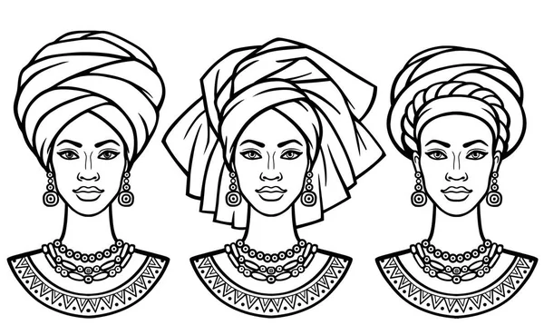 Set of portraits  the African women in various turbans. Monochrome linear drawing. Vector illustration isolated on a white background. — Stock Vector
