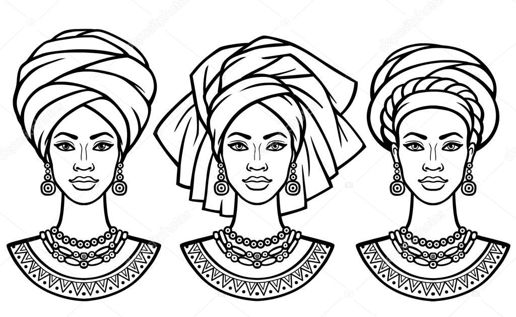 Set of portraits  the African women in various turbans. Monochrome linear drawing. Vector illustration isolated on a white background.