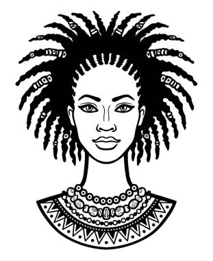 Animasyon genç Afrikalı kadın portresi. Tek renkli doğrusal çizim. Beyaz bir arka plan üzerinde izole vektör çizim. Baskı, poster, tişört, kart. 