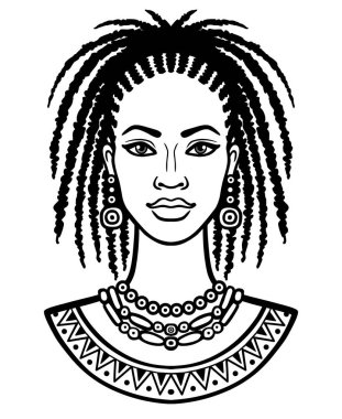 Animasyon genç Afrikalı kadın portresi. Tek renkli doğrusal çizim. Beyaz bir arka plan üzerinde izole vektör çizim. Baskı, poster, tişört, kart. 