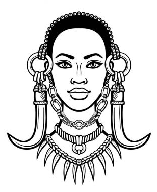 Animasyon genç Afrikalı kadın portresi. Tek renkli doğrusal çizim. Beyaz bir arka plan üzerinde izole vektör çizim. Baskı, poster, tişört, kart. 