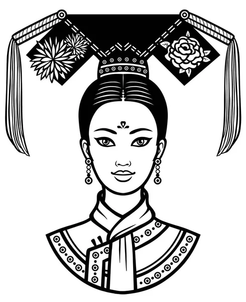 Retrato de la joven china con un peinado antiguo. Ilustración vectorial monocromática aislada sobre fondo blanco. Imprimir, póster, camiseta, tarjeta . — Archivo Imágenes Vectoriales