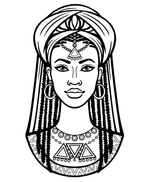Retrato de animación de la joven africana con turbante. Dibujo lineal monocromático. Ilustración vectorial aislada sobre fondo blanco. Imprimir, póster, camiseta, tarjeta . — Archivo Imágenes Vectoriales