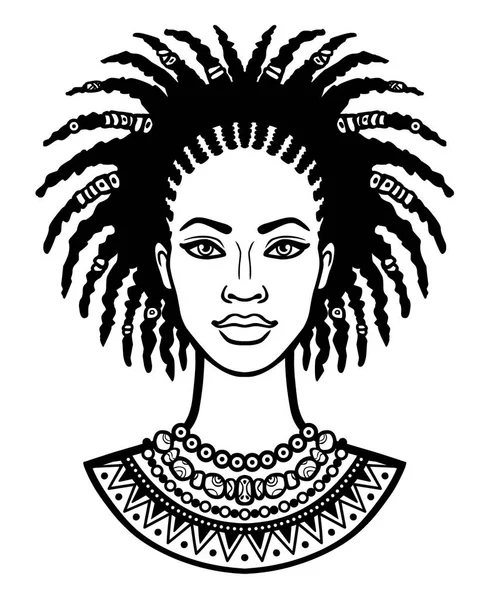 Retrato de animación de la joven africana. Dibujo lineal monocromático. Ilustración vectorial aislada sobre fondo blanco. Imprimir, póster, camiseta, tarjeta . — Archivo Imágenes Vectoriales