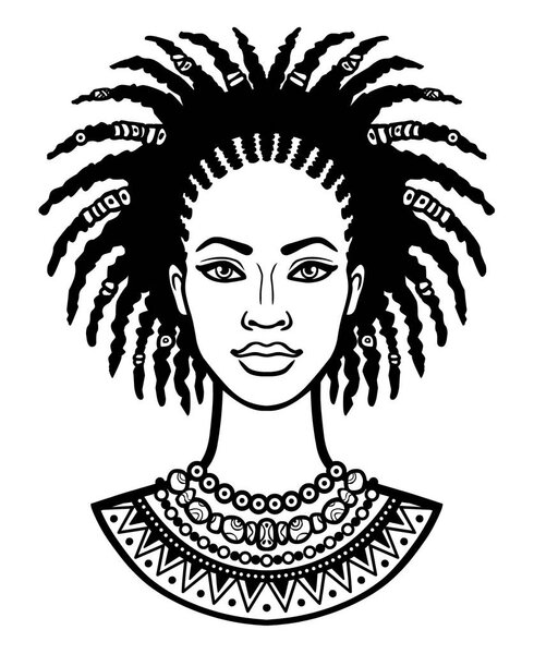 Animation portrait of the young African woman. Monochrome linear drawing. Vector illustration isolated on a white background. Print, poster, t-shirt, card. 
