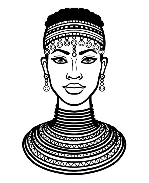 Animation portrait of the young African woman. Monochrome linear drawing. Vector illustration isolated on a white background. Print, poster, t-shirt, card. — Stock Vector