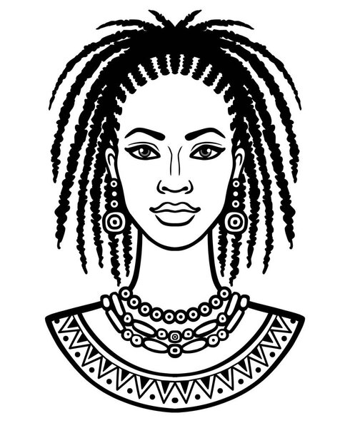 Анимационный портрет молодой африканки. Монохромный линейный рисунок. Векторная иллюстрация изолирована на белом фоне. Печать, плакат, футболка, открытка
. 