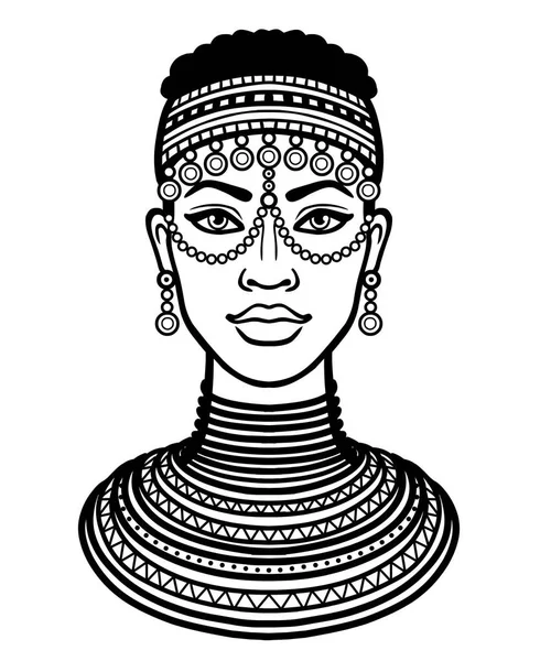 Portrait d'animation de la jeune femme africaine. Dessin linéaire monochrome. Illustration vectorielle isolée sur fond blanc. Imprimer, poster, t-shirt, carte . — Image vectorielle